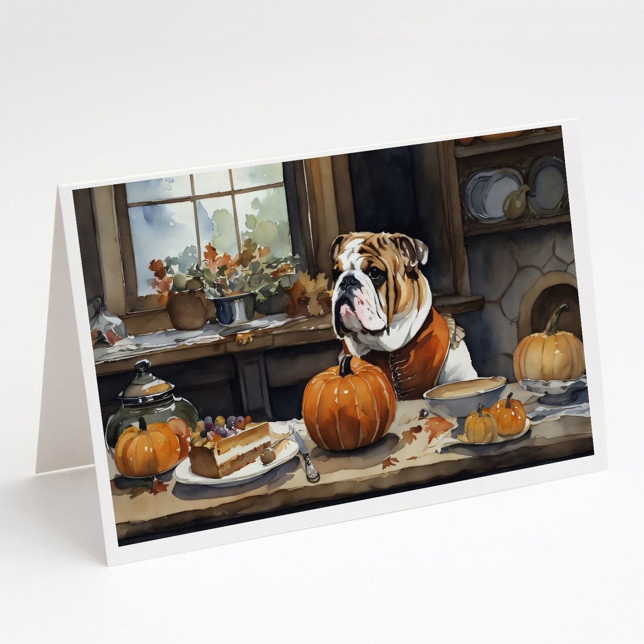 Edge Collections - 5" x 7" - Multicolor - English Bulldog Fall Kitchen Pumpkins Greeting Cards with Envelopes - 8 Pieces